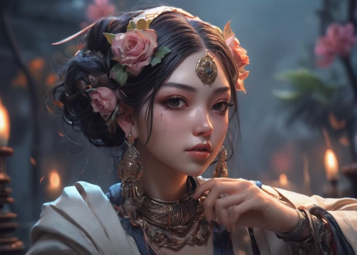 oriental princess,fantasy portrait,geisha,wuchang,chinese art,oriental girl,elven flower,geisha girl,romantic portrait,mulan,oriental,xizhi,jasmine blossom,flora,yi sun sin,portrait background,hwachae,holding flowers,plum blossom,baozi,Conceptual Art,Fantasy,Fantasy 01