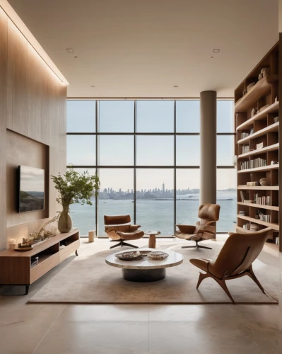 modern living room,penthouse apartment,livingroom,interior modern design,living room,entertainment center,bookshelves,luxury home interior,contemporary decor,family room,modern room,bookcase,living room modern tv,modern decor,great room,apartment lounge,bookshelf,modern style,sky apartment,modern office,Photography,General,Cinematic