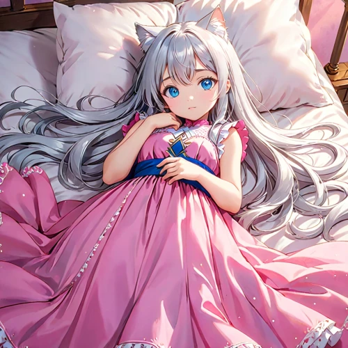 sleeping rose,lying down,hatsune miku,kotobukiya,pajamas,blue pillow,cinderella,miku,precious,frula,playmat,aqua,bed,precious lilac,white heart,blue heart,girl in bed,child fox,cocoa,cyan,Anime,Anime,Traditional