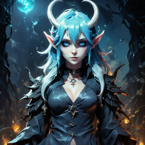 dark elf,sorceress,blue enchantress,fantasy portrait,priestess,devilwood,summoner,the enchantress,fantasy art,elven,fire siren,dark-type,nine-tailed,dragon li,black dragon,evil fairy,mara,ice queen,elza,glowing antlers,Conceptual Art,Fantasy,Fantasy 02