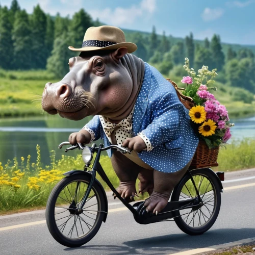 tour de france,floral bike,pot-bellied pig,bikejoring,flower animal,suckling pig,bicycling,flower delivery,whimsical animals,cycling,anthropomorphized animals,velocipede,hog,pig,hippopotamus,bicycle ride,piglet,bicycle riding,moottero vehicle,hogs,Photography,General,Realistic