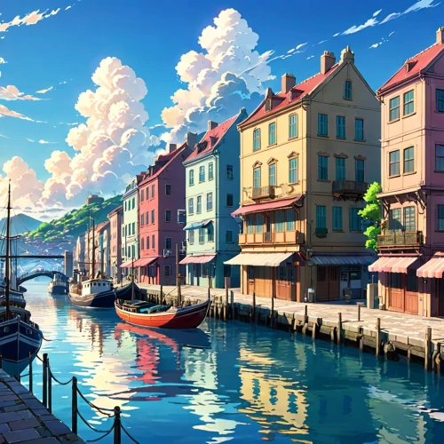 harbor,waterfront,french digital background,world digital painting,seaport,harbour,docks,fishing village,canals,sea landscape,boat harbor,landscape background,seaside country,seaside resort,hanseatic city,lake geneva,floating huts,the waterfront,background images,idyllic,Anime,Anime,Traditional