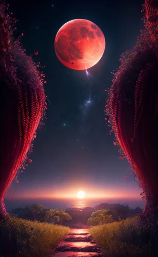 blood moon,red planet,blood moon eclipse,lunar landscape,alien planet,hanging moon,moonrise,alien world,lunar eclipse,fantasy picture,fantasy landscape,photo manipulation,valley of the moon,moonscape,phase of the moon,photomanipulation,red sky,moon and star background,landscape red,3d fantasy