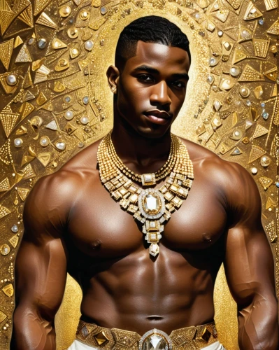 african american male,king tut,pharaonic,greek god,pharaoh,ankh,african man,king cobra,black man,tutankhamun,tutankhamen,king david,gold jewelry,afro american,the gold standard,gladiator,african culture,black male,african boy,bevel,Illustration,Realistic Fantasy,Realistic Fantasy 21