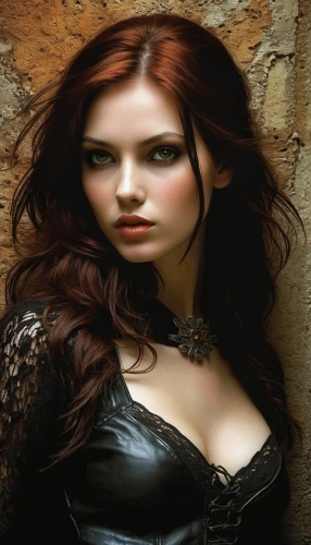 celtic woman,redhead doll,gothic woman,red-haired,celtic queen,redhair,redheads,gothic portrait,clary,redheaded,vampire woman,fantasy woman,attractive woman,red head,gothic fashion,redhead,young woman,black widow,artificial hair integrations,dark angel,Illustration,Realistic Fantasy,Realistic Fantasy 29