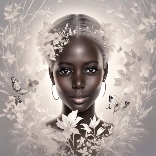 girl in a wreath,beautiful african american women,african american woman,white blossom,african woman,white floral background,flowers png,girl in flowers,mystical portrait of a girl,portrait background,flower girl,white beauty,black woman,white lady,black skin,fantasy portrait,flora,wreath of flowers,blanche,white magnolia