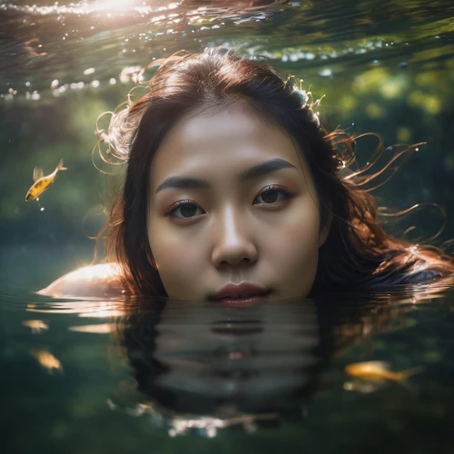 girl on the river,portrait photography,water nymph,pond lenses,under the water,submerged,vietnamese woman,photoshoot with water,water lotus,mystical portrait of a girl,in water,underwater background,under water,asian woman,asian vision,reflection in water,immersed,portrait photographers,the blonde in the river,lens reflection,Photography,General,Cinematic