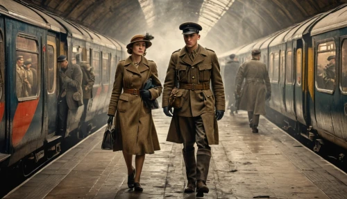 vintage man and woman,london underground,vintage boy and girl,trench coat,the girl at the station,peaked cap,first world war,inspector,advertising campaigns,man and woman,second world war,sherlock holmes,overcoat,photoshop manipulation,steampunk,flat cap,monarch online london,photo manipulation,british,vintage fashion,Photography,General,Fantasy