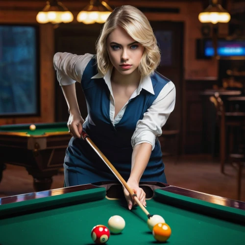pool player,billiards,english billiards,pocket billiards,bar billiards,billiard,nine-ball,billiard table,billiard ball,snooker,carom billiards,billiard room,blackball (pool),eight-ball,straight pool,cue stick,indoor games and sports,blonde woman,poker set,woman playing,Illustration,Realistic Fantasy,Realistic Fantasy 25