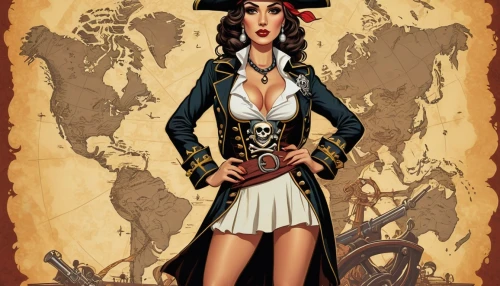 steampunk,pirate,the sea maid,pin ups,pirate treasure,naval officer,game illustration,black pearl,jolly roger,rockabella,queen of hearts,barmaid,sorceress,venetia,cruella de ville,voodoo woman,la catrina,pirates,cowgirl,galleon,Illustration,Realistic Fantasy,Realistic Fantasy 45