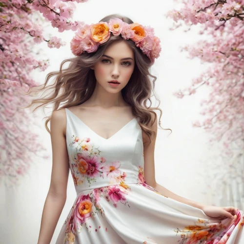 beautiful girl with flowers,girl in flowers,apricot blossom,japanese floral background,spring blossom,floral background,flower fairy,floral dress,blooming wreath,vintage floral,flower girl,spring background,cherry blossom,spring crown,flower background,floral wreath,flowery,cherry blossoms,blossom,floral japanese,Illustration,Realistic Fantasy,Realistic Fantasy 15