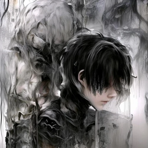 wall of tears,dark art,shinigami,silver rain,sorrow,vanitas,torn,mirror of souls,shattered,humanoid,daemon,decay,black crow,japanese art,hollow,sidonia,anime 3d,disorder,art background,deterioration