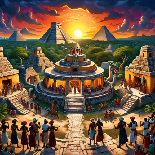 maya civilization,temples,pyramids,step pyramid,mesoamerican ballgame,the ancient world,temple fade,ancient egypt,ancient civilization,chichen-itza,pharaohs,maya city,artemis temple,chichen itza,ancient city,aztec,background image,the great pyramid of giza,eastern pyramid,egyptian temple,Illustration,Realistic Fantasy,Realistic Fantasy 21