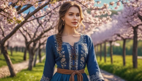 jessamine,girl in flowers,rapunzel,blossoming apple tree,almond blossoms,apple blossoms,elven flower,spring background,beautiful girl with flowers,linden blossom,pear blossom,fairy tale character,springtime background,fantasy picture,spring blossoms,the cherry blossoms,miss circassian,celtic queen,romantic look,landscape background,Photography,General,Realistic