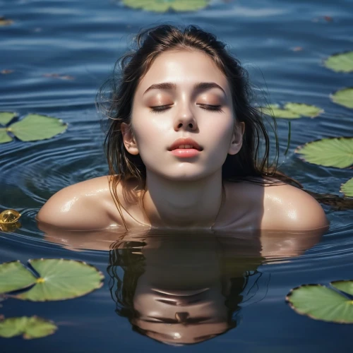 girl lying on the grass,water nymph,water lilly,in water,water lotus,water lilies,water lily,the body of water,lily pad,submerged,photoshoot with water,waterlily,summer floatation,lily water,lily pads,self hypnosis,flotation,floating on the river,lotus on pond,body of water,Photography,General,Realistic