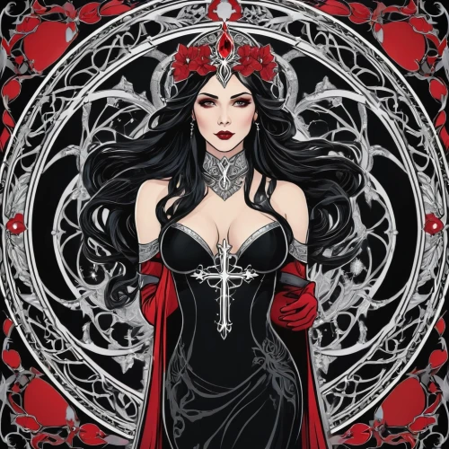 gothic woman,gothic portrait,seven sorrows,queen of hearts,priestess,gothic fashion,sorceress,vampire woman,vampire lady,caerula,blood icon,gothic dress,vampira,scarlet witch,celtic queen,maiden,gothic style,gothic,pagan,the enchantress,Illustration,Retro,Retro 13