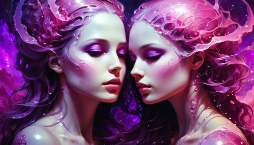mirror image,mirror of souls,meridians,fractals art,parallel worlds,psychedelic art,purple and pink,dualism,symbiotic,duality,amorous,gemini,fantasy art,sirens,mermaids,mermaid vectors,fractal art,two girls,pink-purple,la violetta,Conceptual Art,Fantasy,Fantasy 11