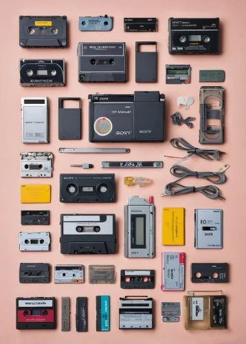 microcassette,compact cassette,cassettes,cassette,cassette tape,musicassette,cassette deck,audio cassette,radio cassette,disassembled,tapes,cassette records3r,magnetic tape,retro items,flat lay,40 years of the 20th century,casette tape,gadgets,matchbox,assemblage,Unique,Design,Knolling