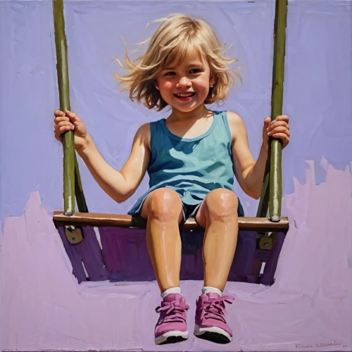 child portrait,little girl in wind,child's frame,hanging swing,wooden swing,swing set,photo painting,swinging,oil painting on canvas,oil painting,girl with a wheel,trampolining--equipment and supplies,empty swing,flying girl,trampoline,garden swing,child in park,sailing blue purple,golden swing,girl sitting