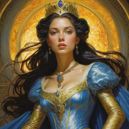 golden crown,fantasy portrait,fantasy woman,gold crown,heroic fantasy,fantasy art,blue enchantress,jaya,goddess of justice,zodiac sign libra,the enchantress,mary-gold,queen of the night,priestess,rosa ' amber cover,artemisia,wonderwoman,mystical portrait of a girl,catarina,sorceress,Illustration,Realistic Fantasy,Realistic Fantasy 03