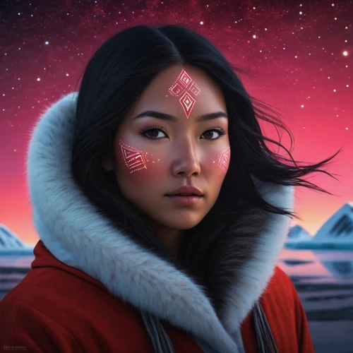 mulan,nunatak,eskimo,pocahontas,fantasy portrait,polar aurora,world digital painting,tundra,ursa,cg artwork,digital painting,sarplaninac,native american,sci fiction illustration,aurora polar,aurora,arctic,asian woman,ursa major zodiac,star mother,Conceptual Art,Sci-Fi,Sci-Fi 12