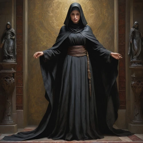 abaya,cloak,carmelite order,the prophet mary,gothic portrait,benedictine,imperial coat,middle eastern monk,the abbot of olib,praying woman,archimandrite,the magdalene,priest,hieromonk,woman praying,seven sorrows,nun,black coat,priestess,the nun,Conceptual Art,Fantasy,Fantasy 13