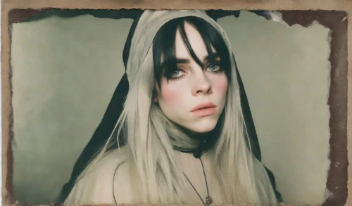 gothic portrait,the angel with the veronica veil,veil,seven sorrows,mystical portrait of a girl,witch's hat icon,the nun,portrait of christi,white lady,elven,priestess,fantasy portrait,the witch,nun,vampire woman,rusalka,portrait background,ephedra,vampire lady,gothic woman,Photography,Polaroid