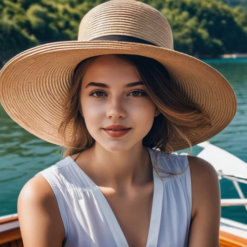 girl wearing hat,girl on the boat,sun hat,panama hat,high sun hat,straw hat,summer hat,ordinary sun hat,brown hat,yellow sun hat,sun hats,mock sun hat,leather hat,boat operator,coconut hat,womans seaside hat,the hat-female,women's hat,summer crown,hat,Photography,General,Realistic