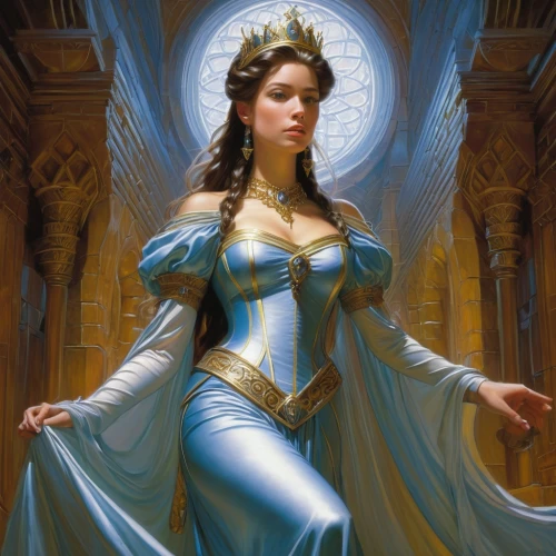 blue enchantress,priestess,fantasy portrait,fantasy woman,celtic queen,fantasy art,sorceress,queen of the night,the snow queen,heroic fantasy,fantasy picture,cleopatra,lady of the night,the prophet mary,golden crown,goddess of justice,the enchantress,imperial crown,ice queen,cinderella,Illustration,Realistic Fantasy,Realistic Fantasy 03