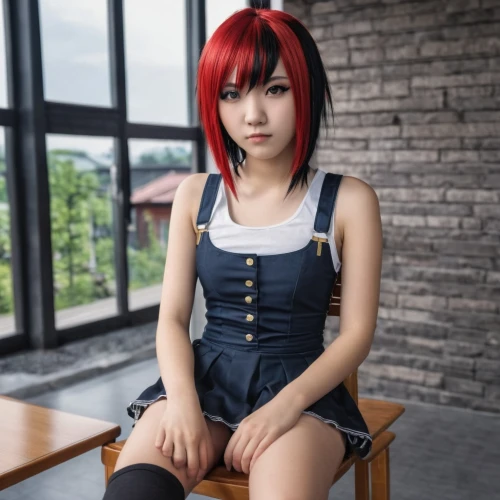 cosplay image,girl in overalls,anime japanese clothing,jin deui,overalls,red-haired,japanese idol,mikuru asahina,cosplay,kantai collection sailor,cosplayer,sitting on a chair,maki,gravure idol,anju,martial arts uniform,red-hot polka,siu mei,hinata,red hot polka,Photography,General,Realistic