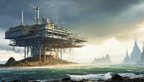 futuristic landscape,artificial island,oil platform,very large floating structure,sci fiction illustration,imperial shores,futuristic architecture,industrial landscape,sea fantasy,post-apocalyptic landscape,ancient city,fantasy landscape,scifi,atlantis,oil rig,carrack,myst,the ruins of the,tower of babel,sci fi,Conceptual Art,Sci-Fi,Sci-Fi 19