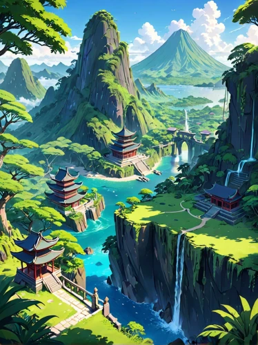 fantasy landscape,meteora,mountainous landscape,ancient city,mountain world,mountain landscape,landscape background,mountain scene,world digital painting,valley,oasis,japan landscape,green valley,high landscape,mountain spring,futuristic landscape,yunnan,chinese background,vietnam,mountain valley,Anime,Anime,Realistic