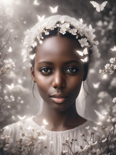 mystical portrait of a girl,white butterflies,african woman,african american woman,fantasy portrait,photo manipulation,girl in a wreath,faerie,faery,photomanipulation,flower fairy,image manipulation,girl in flowers,white blossom,inner beauty,fairy queen,beautiful african american women,white butterfly,white lady,flower girl,Photography,Cinematic