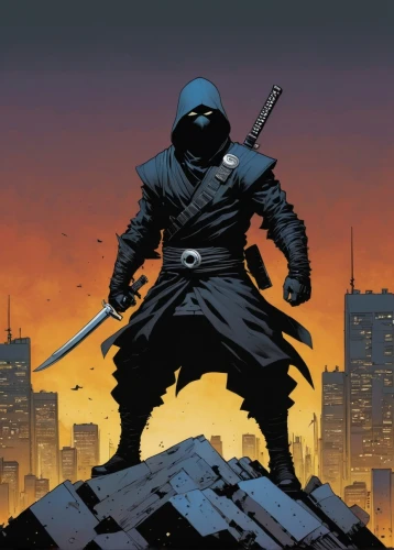 assassin,scythe,swordsman,cartoon ninja,swordsmen,hooded man,shredder,doctor doom,shinobi,samurai,assassins,heroic fantasy,ninjas,the wanderer,quarterstaff,kendo,dune 45,katana,ninjago,steel helmet,Illustration,American Style,American Style 06