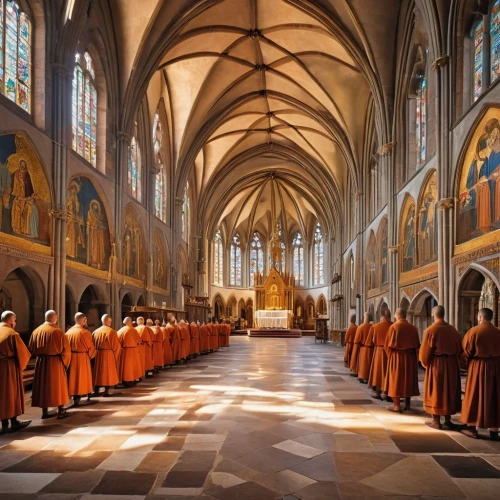 orange robes,monks,choir,church choir,benedictine,nidaros cathedral,choral,maulbronn monastery,buddhists monks,clergy,the order of cistercians,carmelite order,the abbot of olib,romanesque,collegiate basilica,catholicism,house of prayer,pentecost,the cathedral,cathedral of modena,Photography,General,Realistic