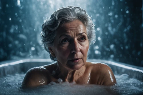 silver rain,digital compositing,the girl in the bathtub,aging icon,splash photography,blue rain,old woman,visual effect lighting,in water,photoshoot with water,wet,bathtub,elderly lady,tiber riven,photoshop manipulation,under the water,elderly person,cruella,senior citizen,spark of shower,Photography,General,Fantasy