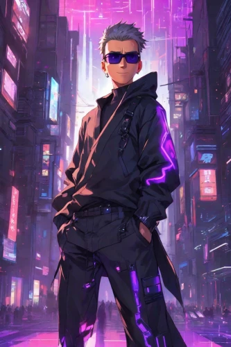 cyberpunk,cyber glasses,stylish boy,purple wallpaper,ultraviolet,yukio,pyro,cartoon ninja,purple background,matrix,cyber,cg artwork,futuristic,gangstar,trunks,3d man,ninja,spy,rich purple,2d,Digital Art,Anime