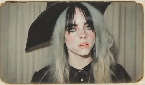 edit icon,porcelain doll,beret,polaroid,poppy seed,witch's hat icon,hat retro,feist,vintage background,hatter,the hat-female,portrait background,leather hat,pointed hat,black hat,gothic portrait,hat vintage,witch hat,antique background,poppy,Photography,Polaroid