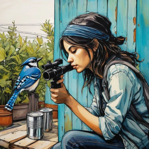 bird painting,blue parrot,bluejay,blue bird,girl with gun,blue jay,meticulous painting,camera illustration,painting technique,blue painting,girl with a gun,bluebird perched,street artist,bird box,painting,birding,clementine,mina bird,painter,a girl with a camera,Illustration,Realistic Fantasy,Realistic Fantasy 23
