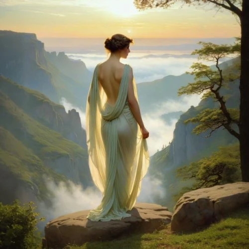 fantasy picture,spring morning,girl in a long dress,fantasy art,fantasy landscape,idyll,love in the mist,celtic woman,mystical portrait of a girl,awakening,morning mist,high landscape,lilies of the valley,daybreak,beautiful landscape,landscapes beautiful,spring equinox,fantasy woman,emile vernon,mother earth