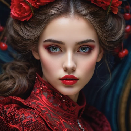 victorian lady,romantic portrait,red roses,red rose,lady in red,vintage makeup,shades of red,red petals,red berries,red flower,red carnations,queen of hearts,fantasy portrait,mystical portrait of a girl,romantic look,red russian,red magnolia,poppy red,red gown,rouge,Photography,Fashion Photography,Fashion Photography 24