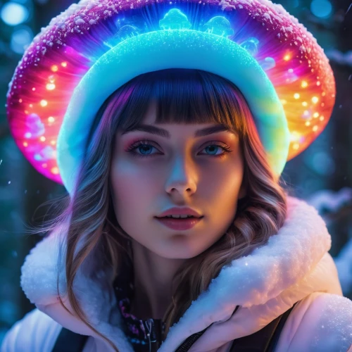 girl wearing hat,colored lights,mushroom hat,the hat-female,white fur hat,colorful light,winter hat,mystical portrait of a girl,beret,the hat of the woman,hat,woman's hat,eskimo,womans hat,retro christmas girl,women's hat,sombrero,neon lights,neon light,girl portrait,Photography,General,Realistic