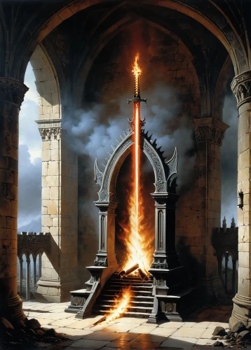 pillar of fire,the conflagration,the white torch,burning torch,thermal lance,conflagration,games of light,the eternal flame,hall of the fallen,portal,templar,flaming torch,door to hell,fire ring,sepulchre,heroic fantasy,golden candlestick,horn of amaltheia,brazier,prejmer,Conceptual Art,Fantasy,Fantasy 29