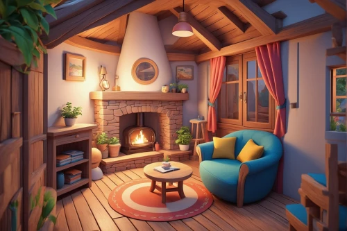 fireplace,summer cottage,small cabin,cabin,fire place,warm and cozy,small house,3d render,attic,cottage,fireplaces,livingroom,little house,sitting room,living room,miniature house,home interior,wood-burning stove,wood stove,country cottage,Unique,3D,Isometric