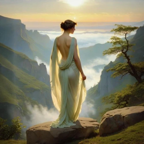 fantasy picture,fantasy landscape,fantasy art,girl in a long dress,spring morning,awakening,landscape background,mystical portrait of a girl,heroic fantasy,love in the mist,morning mist,idyll,celtic woman,high landscape,han thom,daybreak,mother earth,lilies of the valley,spring equinox,the wanderer