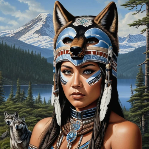 native american indian dog,shamanic,pocahontas,warrior woman,shamanism,american indian,native american,cherokee,the american indian,fantasy art,tribal chief,cheyenne,totem animal,indigenous painting,first nation,howling wolf,tamaskan dog,native,fantasy portrait,indian headdress,Conceptual Art,Fantasy,Fantasy 33