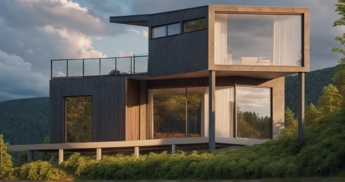 cubic house,modern house,timber house,eco-construction,dunes house,modern architecture,corten steel,frame house,3d rendering,wooden house,house in the mountains,cube stilt houses,cube house,mid century house,inverted cottage,render,house in mountains,chalet,house by the water,metal cladding,Photography,General,Realistic