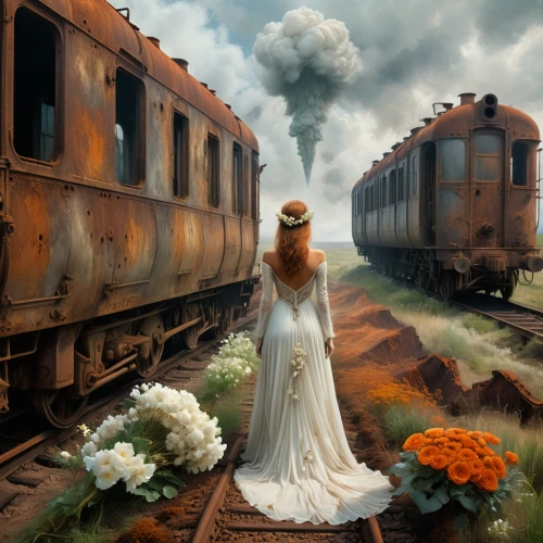 wedding dress train,train of thought,photo manipulation,photomanipulation,conceptual photography,wedding photography,the girl at the station,photoshop manipulation,dead bride,wedding photographer,wedding photo,romantic portrait,bridal dress,just married,bride and groom,the train,world digital painting,image manipulation,ghost locomotive,last train,Conceptual Art,Daily,Daily 13