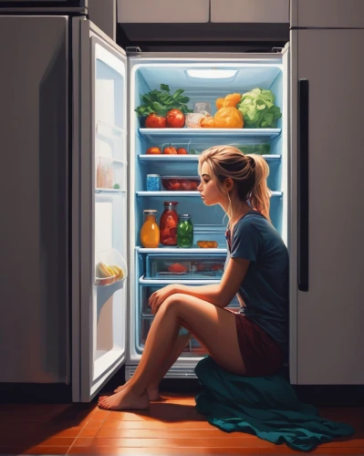 refrigerator,fridge,girl in the kitchen,fridge lock,summer foods,woman with ice-cream,woman eating apple,pantry,cold room,frozen food,digital painting,freezer,icy snack,frozen dessert,girl with bread-and-butter,woman thinking,food warmer,foods,kitchenette,world digital painting,Conceptual Art,Fantasy,Fantasy 32