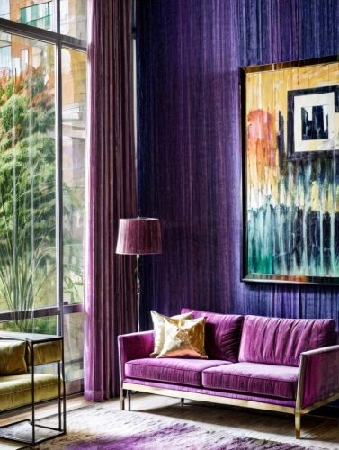contemporary decor,sitting room,modern decor,apartment lounge,boutique hotel,gold and purple,purple and gold,window treatment,casa fuster hotel,interior design,rich purple,interior decor,livingroom,hotel w barcelona,interior modern design,chaise lounge,purpleabstract,interior decoration,mid century modern,great room